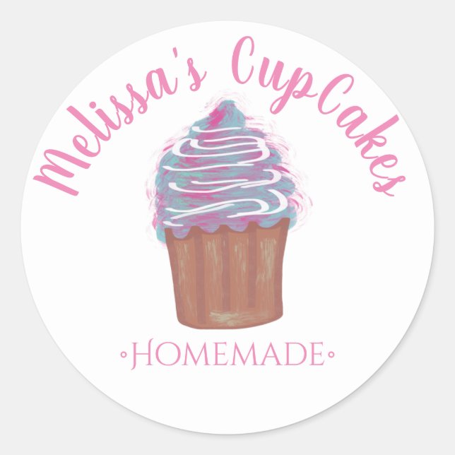 Watercolor CupCakes Homemade Bakery Chalkboard Classic Round Sticker (Front)