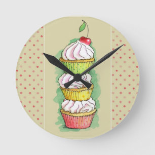 Watercolor cupcakes. Kitchen illustration. Round Clock