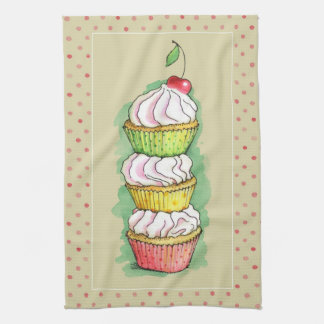 Watercolor cupcakes. Kitchen illustration. Towel