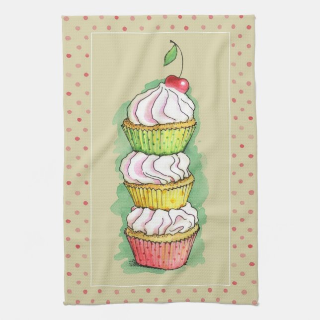 Watercolor cupcakes. Kitchen illustration. Towel (Vertical)