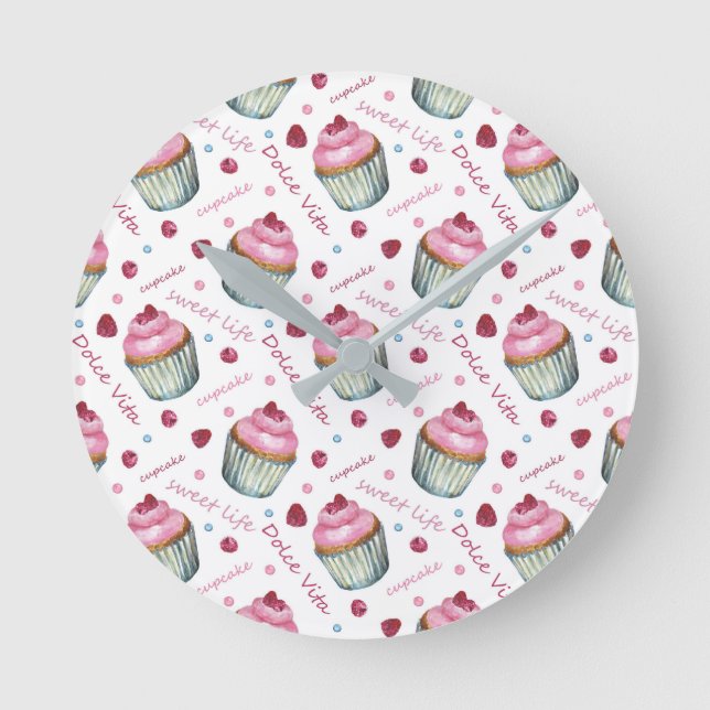 Watercolor cupcakes round clock (Front)