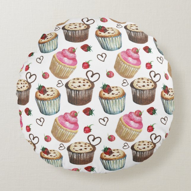 Watercolor cupcakes round pillow (Front)