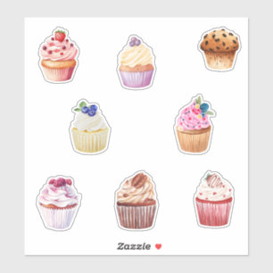 Watercolor Cupcakes with Fruit and Chocolate Sticker