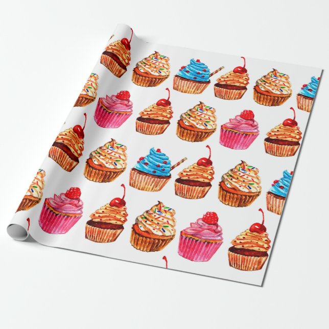 Watercolor Cupcakes Wrapping Paper (Unrolled)