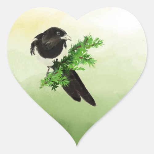 Watercolor Curious Magpie Garden Bird Wildlife Art Heart Sticker