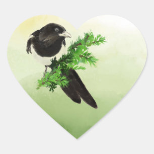 Watercolor Curious Magpie Garden Bird Wildlife Art Heart Sticker