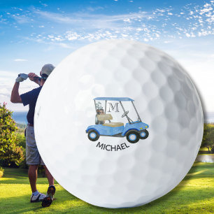 Watercolor Custom Blue Cart Monogram Name   Golf Balls