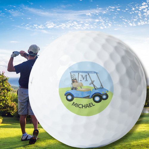 Watercolor Custom Blue Cart Monogram Name   Golf Balls