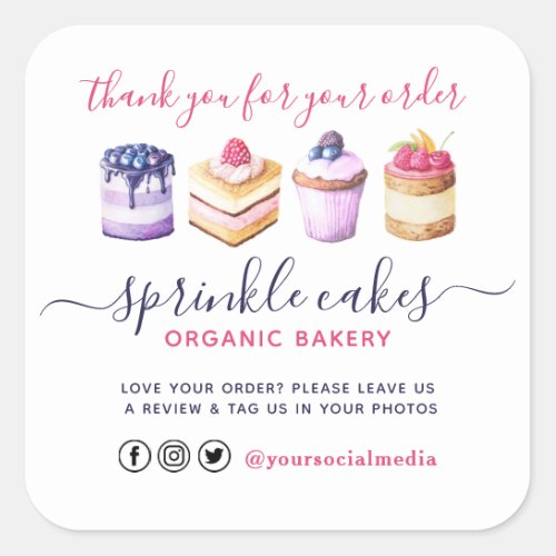 Watercolor Custom Cakes  Sweets Bakery Thank You Square Sticker