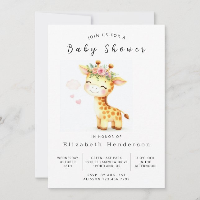 Watercolor Custom Giraffe Baby Shower Invitation (Front)
