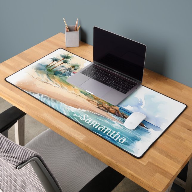 Watercolor Custom Name Coastal Desk Mat (Office 2)