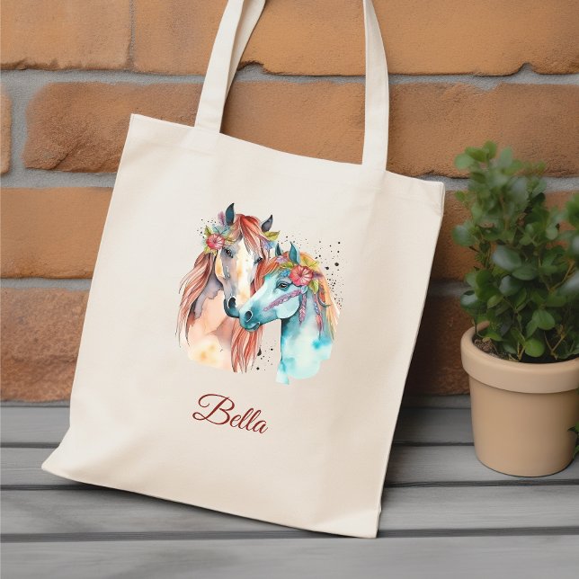 Watercolor custom name horse lover gift tote bag (Creator Uploaded)