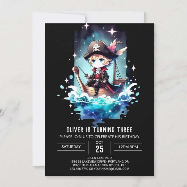 Watercolor Custom Pirate Birthday Invitation (Front)