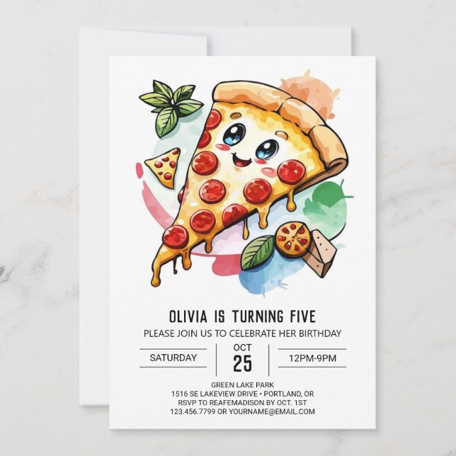 Watercolor Custom Pizza Birthday Invitation (Front)