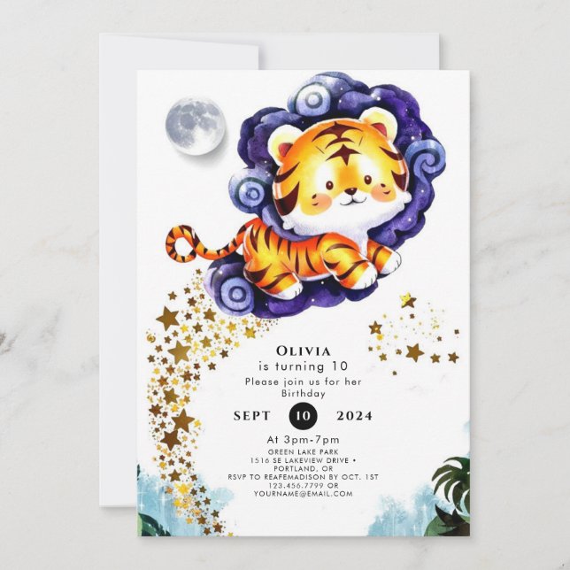  Watercolor Custom Tiger Birthday Invitation (Front)