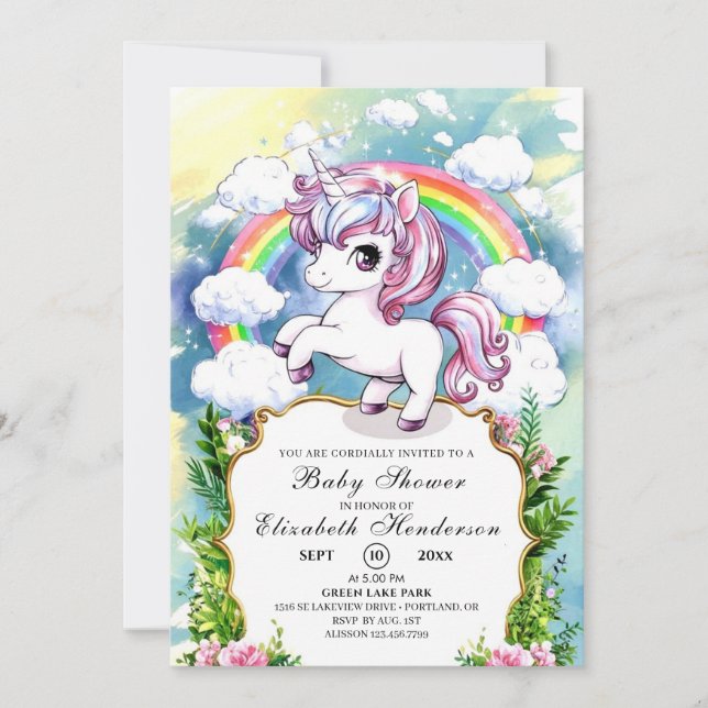 Watercolor Custom Unicorn Baby Shower Invitation (Front)
