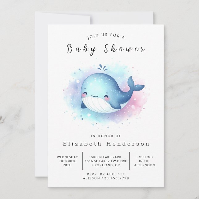 Watercolor Custom Whale Baby Shower Invitation (Front)