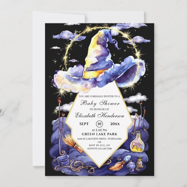 Watercolor Custom Wizard Hat Baby Shower Invitation (Front)