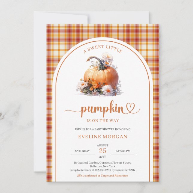 Watercolor cute A sweet little pumpkin fall plaid Invitation (Front)