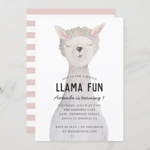 Watercolor cute alpaca Llama fun birthday party Invitation