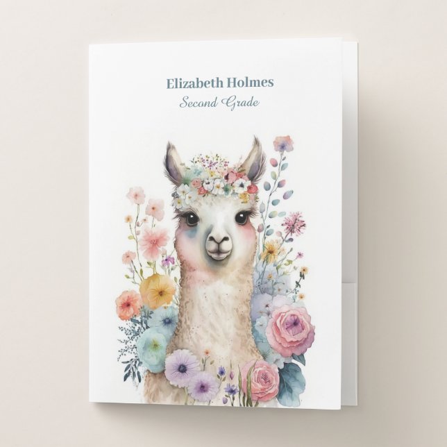 Watercolor Cute Alpaca with wildflowers Pocket Folder (Front)