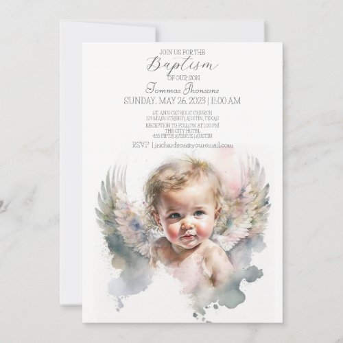 Watercolor cute Angel Baby Baptism Invitation