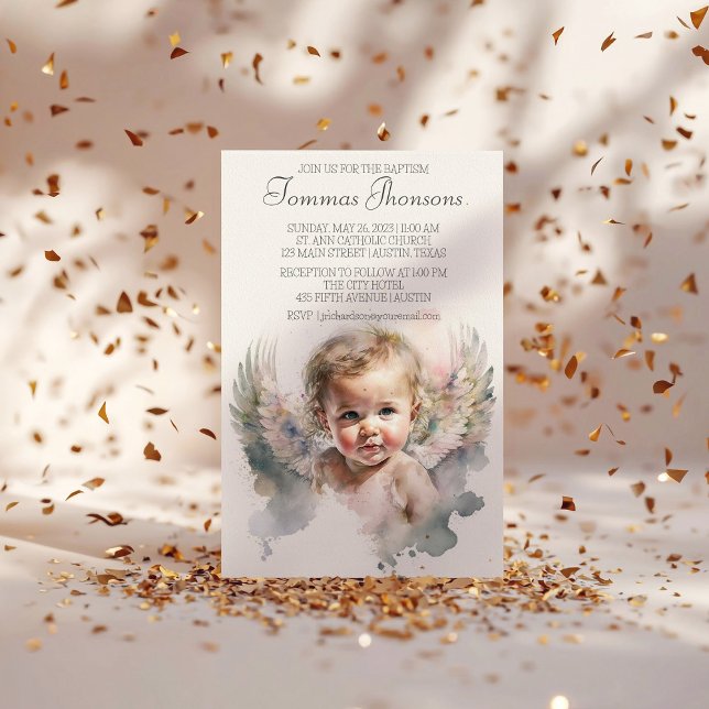 Watercolor cute Angel Baby Baptism Invitation (Creator Uploaded)