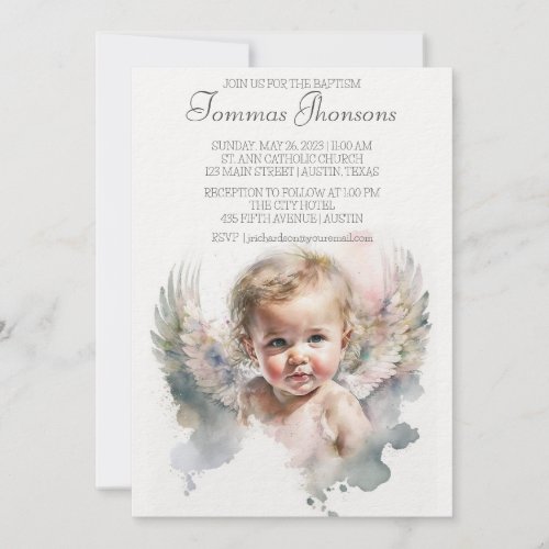 Watercolor cute Angel Baby Baptism Invitation