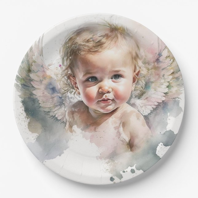 Watercolor cute Angel Baby Baptism Paper Plates (Front)