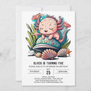 Watercolor Cute Axolotl Birthday Invitation