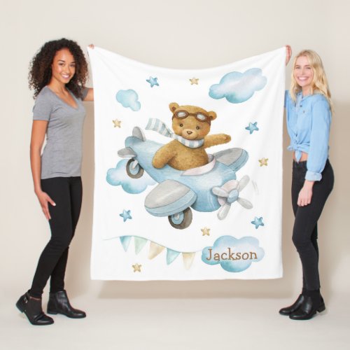 Watercolor cute baby bear airplane fleece blanket
