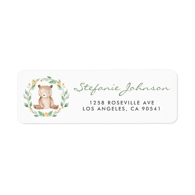 Watercolor Cute Baby Bear Greenery Wreath Label (Front)