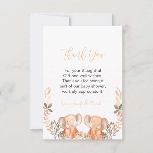 Watercolor Cute Baby Elephant Floral Baby Shower  Thank You Card