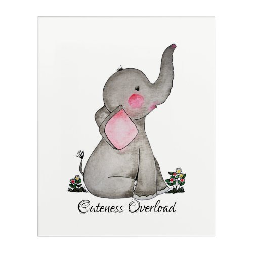 Watercolor Cute Baby Elephant With Blush  flowers Acrylic Print