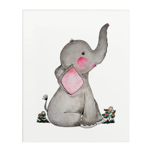 Watercolor Cute Baby Elephant With Blush & flowers Acrylic Print