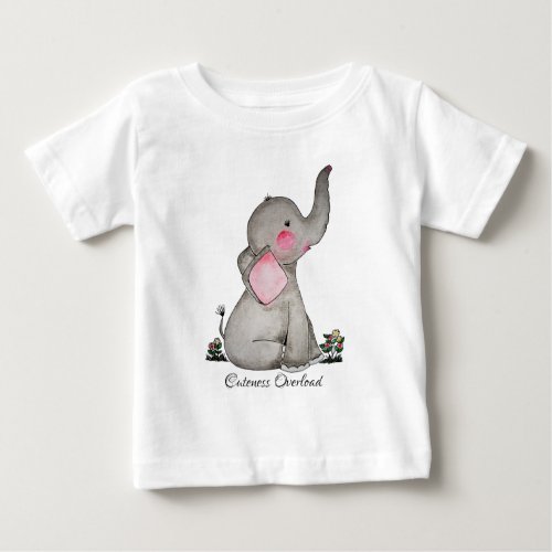 Watercolor Cute Baby Elephant With Blush  Flowers Baby T_Shirt