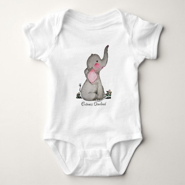 Watercolor Cute Baby Elephant With Blush & Flowers Bodysuit (Front)