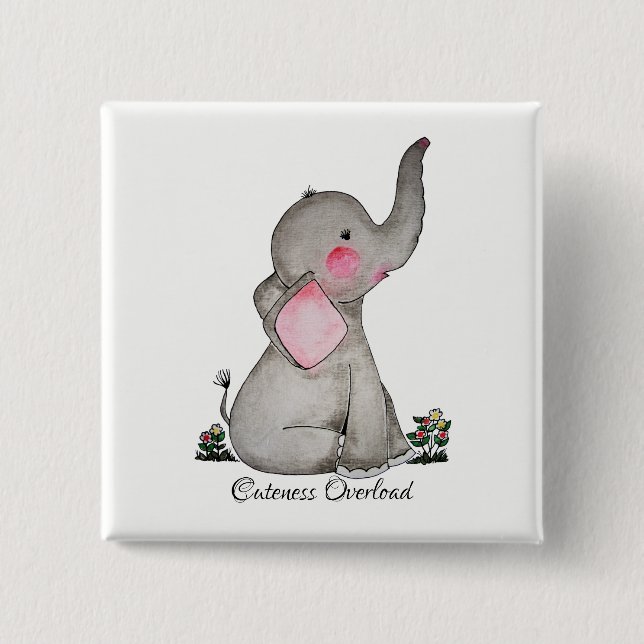 Watercolor Cute Baby Elephant With Blush & Flowers Button (Front)