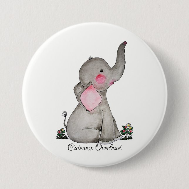 Watercolor Cute Baby Elephant With Blush & Flowers Button (Front)