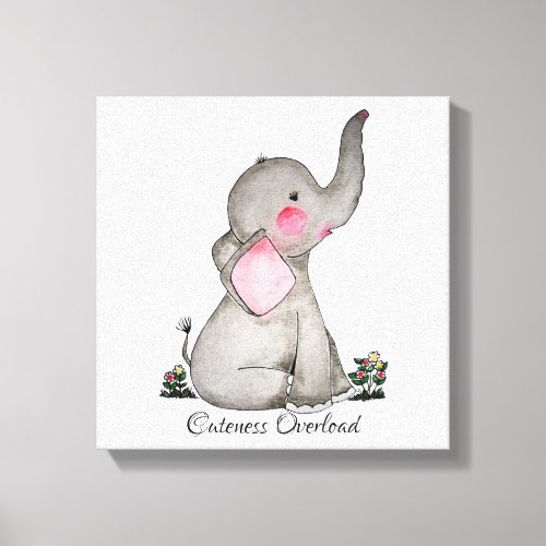 Watercolor Cute Baby Elephant With Blush  flowers Canvas Print