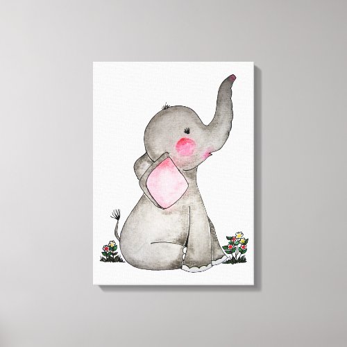 Watercolor Cute Baby Elephant With Blush  flowers Canvas Print