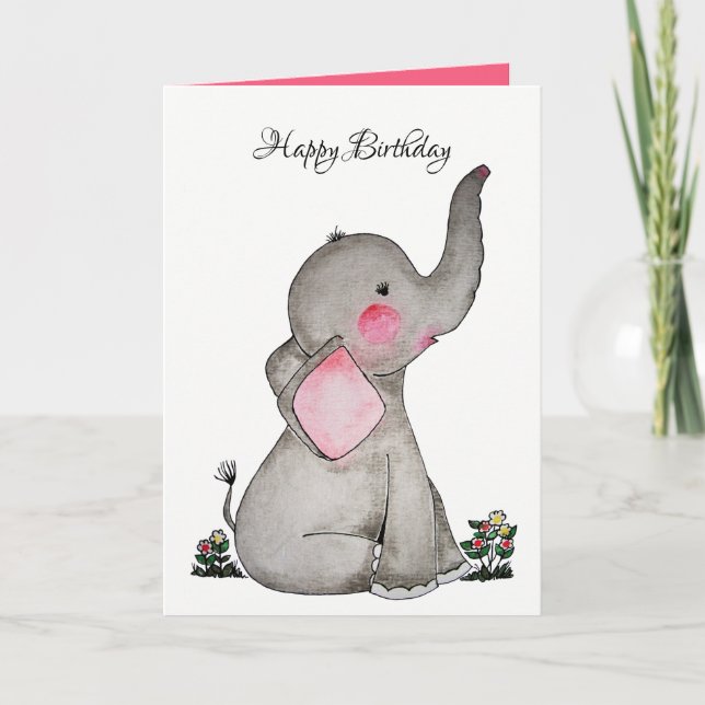 Watercolor Cute Baby Elephant With Blush & flowers Card (Front)