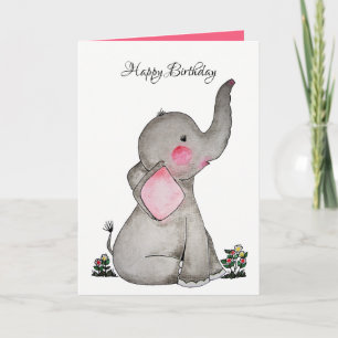 Watercolor Cute Baby Elephant With Blush & flowers Card