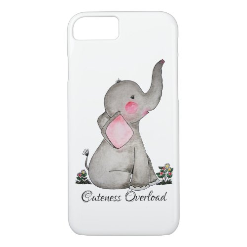 Watercolor Cute Baby Elephant With Blush  Flowers iPhone 87 Case