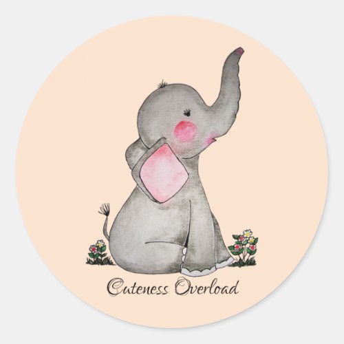 Watercolor Cute Baby Elephant With Blush  Flowers Classic Round Sticker