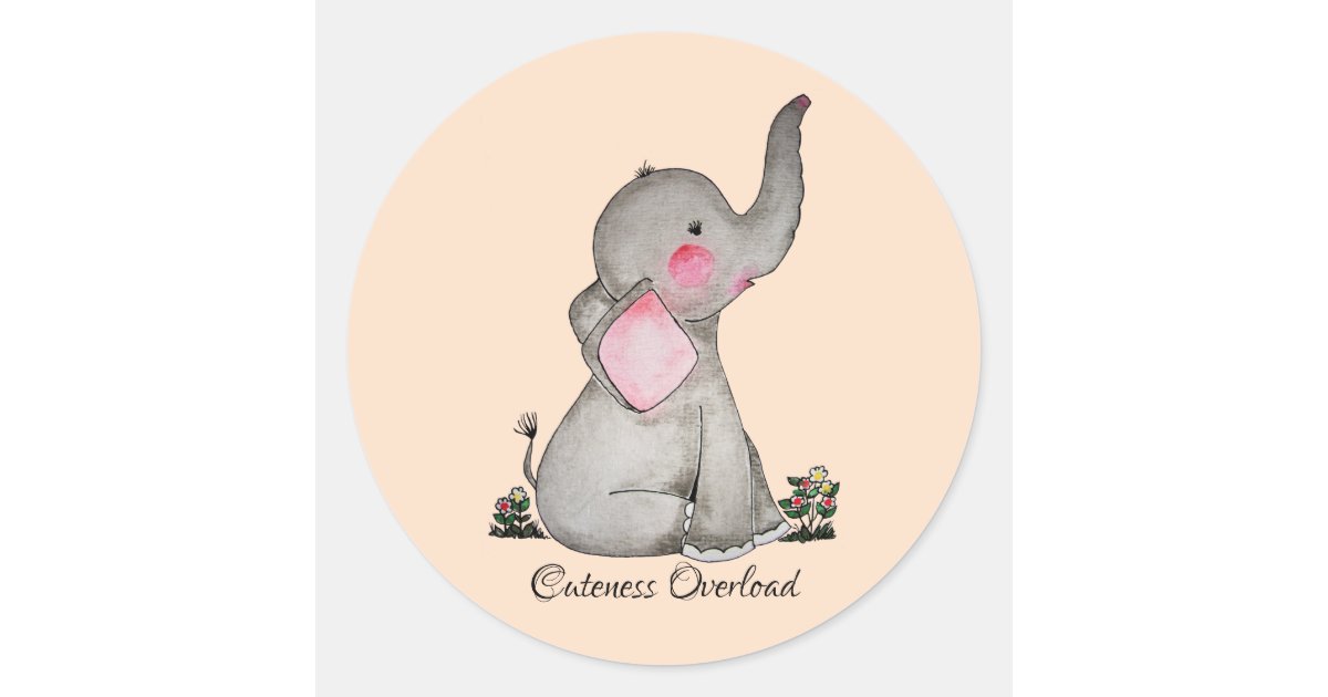 Watercolor Cute Baby Elephant With Blush & Flowers Classic Round ...