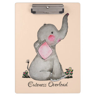 Watercolor Cute Baby Elephant With Blush & Flowers Clipboard