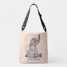 Watercolor Cute Baby Elephant With Blush &amp; Flowers Crossbody Bag