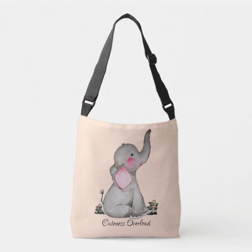 Watercolor Cute Baby Elephant With Blush  Flowers Crossbody Bag