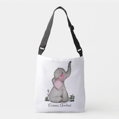 Watercolor Cute Baby Elephant With Blush  Flowers Crossbody Bag